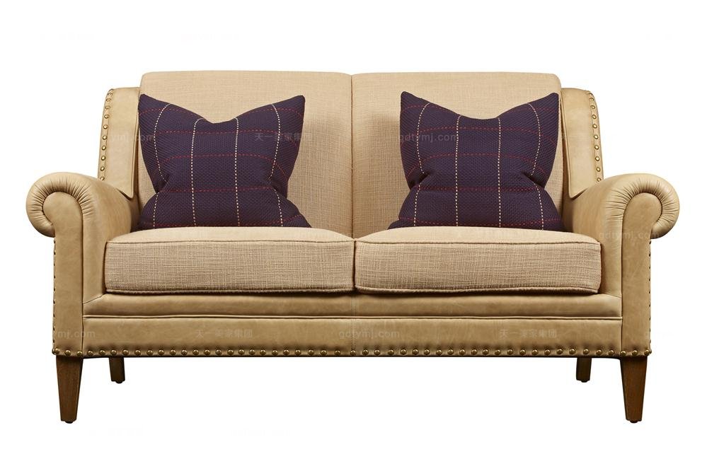 高端品牌美式黃色真皮雙人位沙發