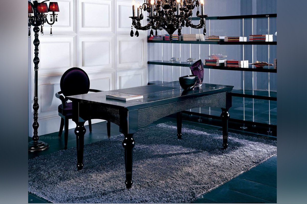 高端別墅后現(xiàn)代黑色鱷魚紋書臺