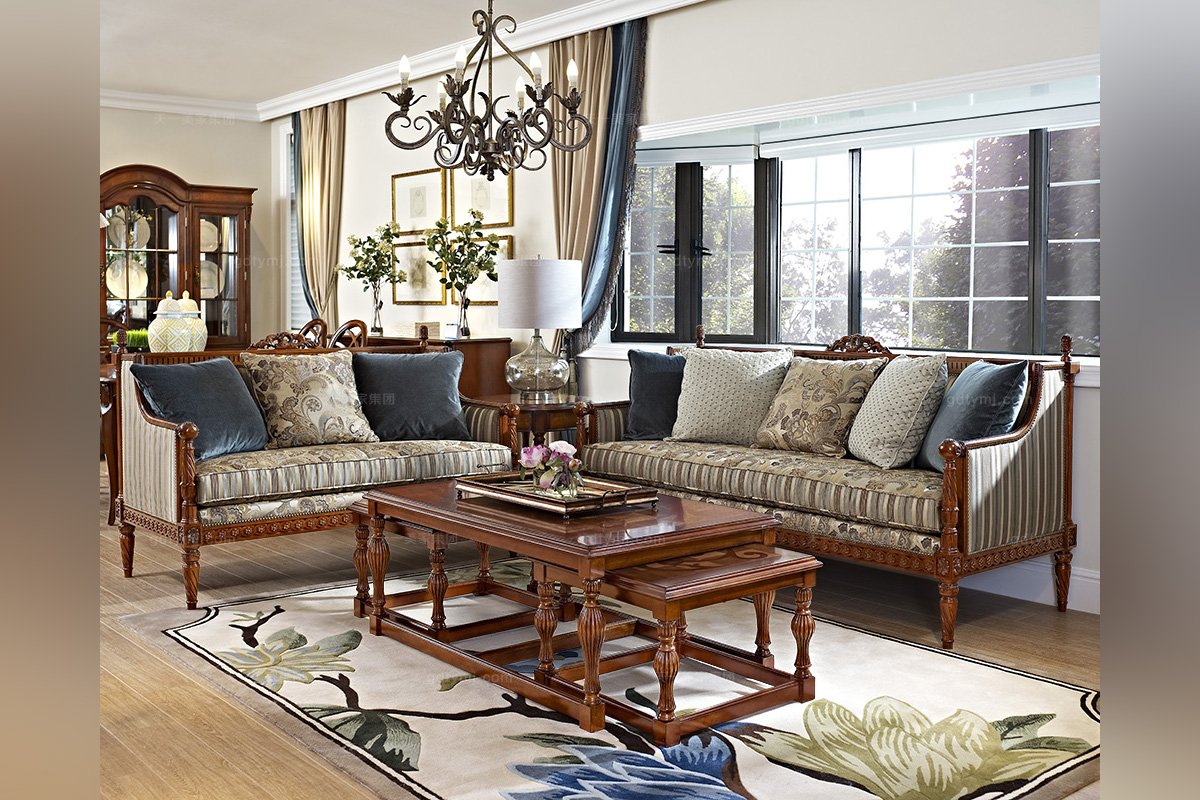 高端家具美式布藝條紋三人位沙發