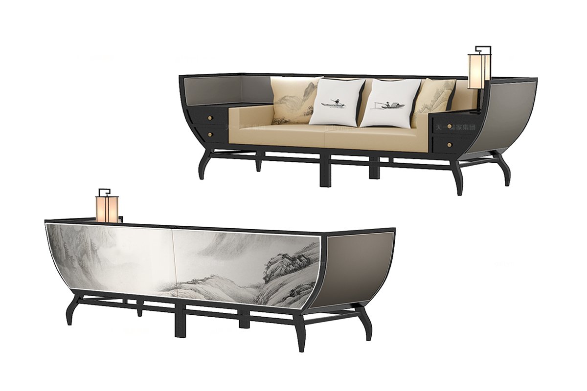 高端新中式條舟長沙發
