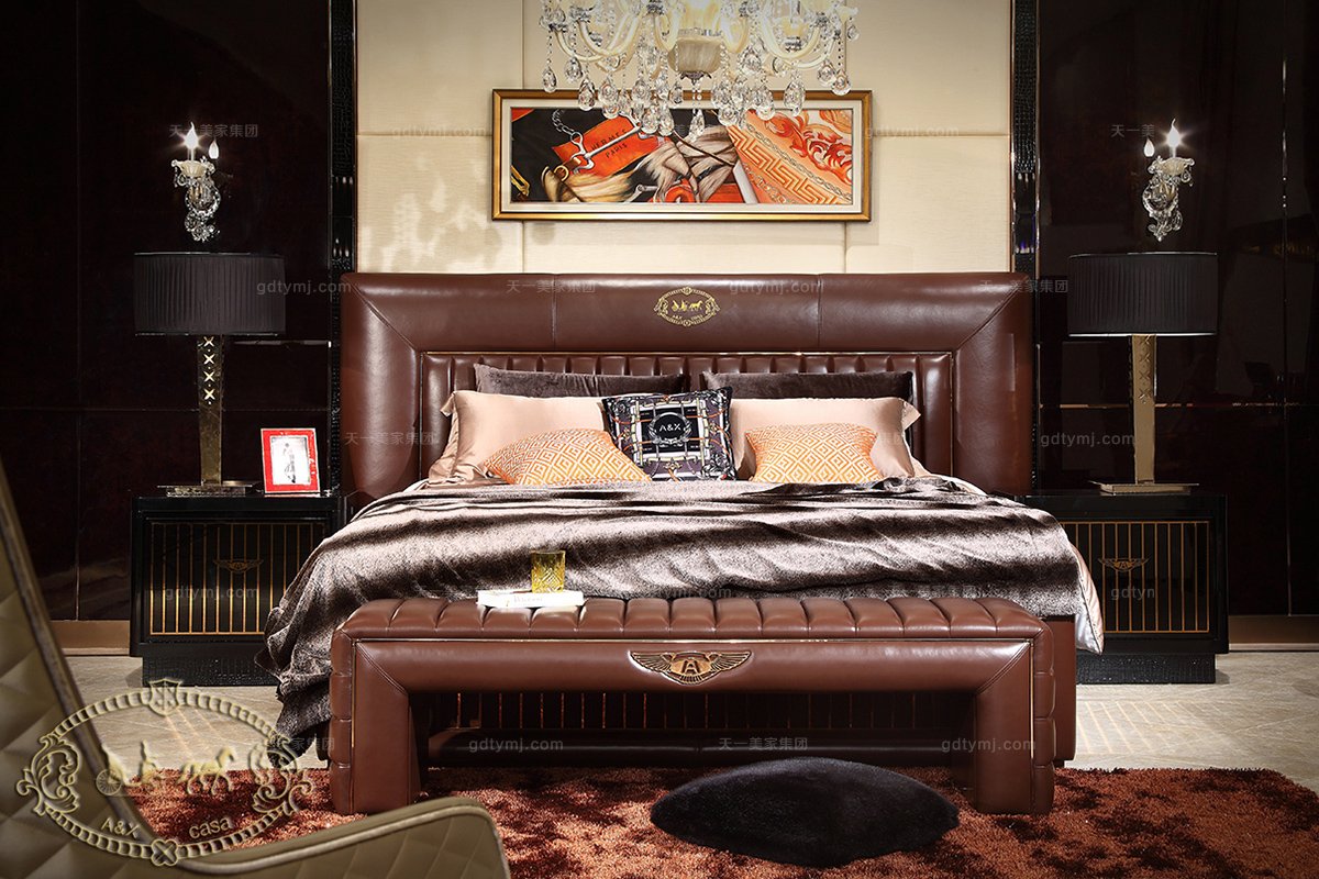高端別墅會所樣板房家具后現代棕色大床