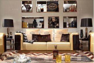 奢華別墅會所售樓處家具實木黃色真皮三人沙發