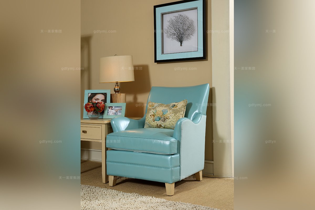 世界高端家具美式藍色真皮單人位沙發