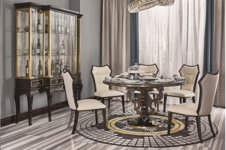 高端現代輕奢主義實木餐廳家具黑檀木皮拼花真皮餐桌餐椅