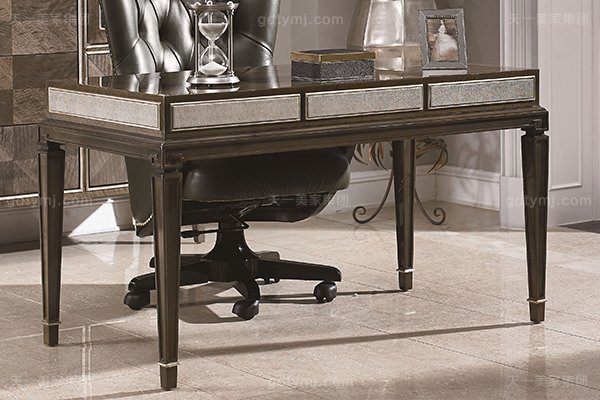 高端現代輕奢書房家具實木書房書桌灰色木皮拼花真皮書椅書桌系列書桌