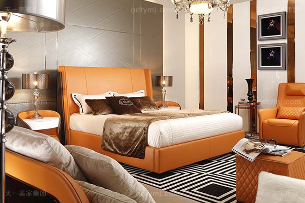 高端后現代風輕奢臥室家具橙色皮桃木紋飾板真皮臥室床組合