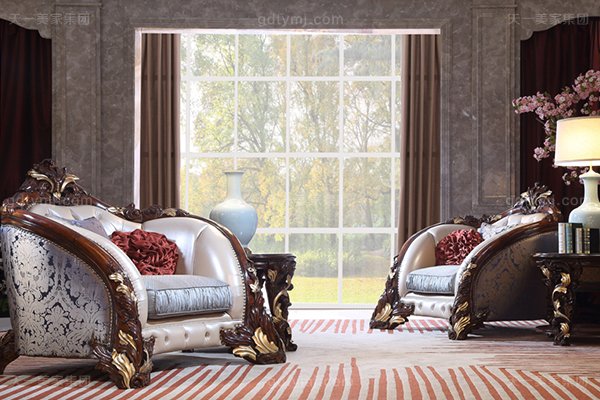 高端奢華新古典客廳家具實木雕花桃花芯直紋真皮沙發組合單人沙發