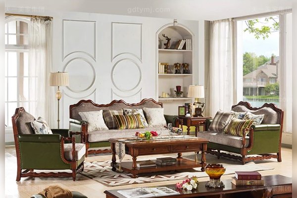 高端豪宅家具1+2+3橡膠木好實木頭層黃牛皮配布藝美式休閑沙發