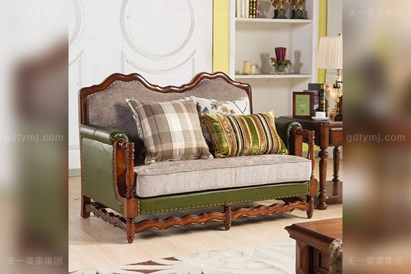 高端豪宅家具1+2+3橡膠木好實木頭層黃牛皮配布藝美式休閑沙發美式休閑沙發雙人位