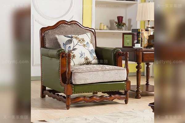 高端豪宅家具1+2+3橡膠木好實木頭層黃牛皮配布藝美式休閑沙發美式休閑沙發單人位