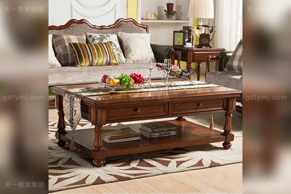 高端別墅家具優質橡膠木好實木雙層四抽美式長茶幾雙層四抽長茶幾