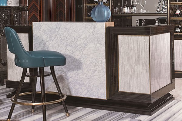 高端會所后現代輕奢風格家具品牌家具大理石吧臺+真皮吧椅組合吧臺