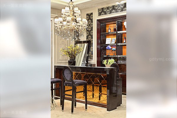 高端后現代輕奢家具黑鱷紋+黑牛角+桃木紋飾面吧臺椅酒柜組合酒吧臺