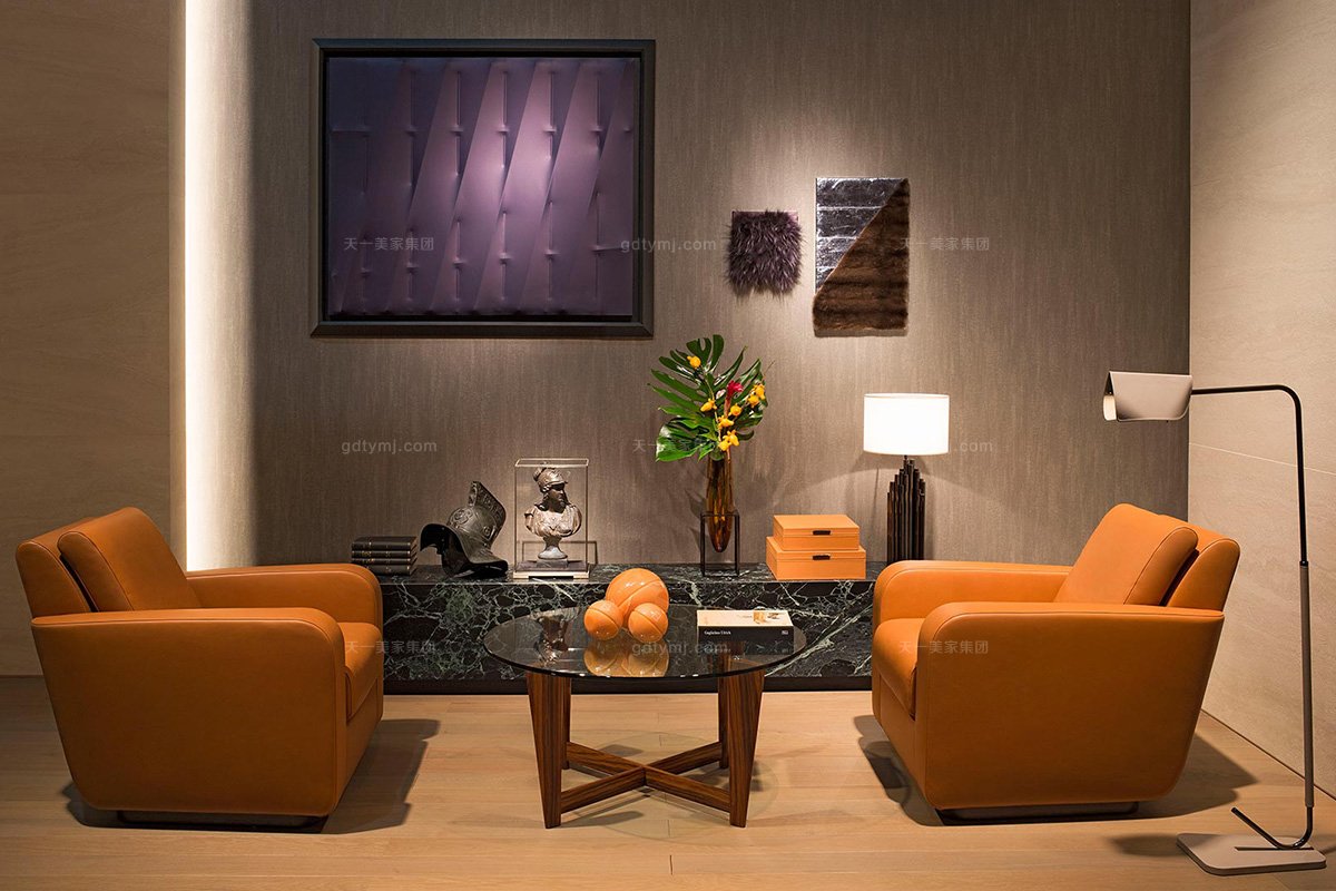 高端奢華品牌別墅豪宅家具愛馬仕橙真皮單人沙發+茶幾組合