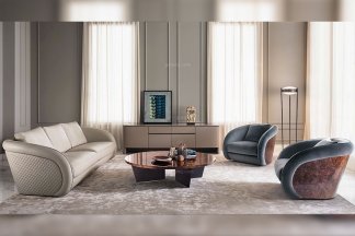 國際名貴高端奢華家具品牌客廳家具真皮+絨布藝沙發組合