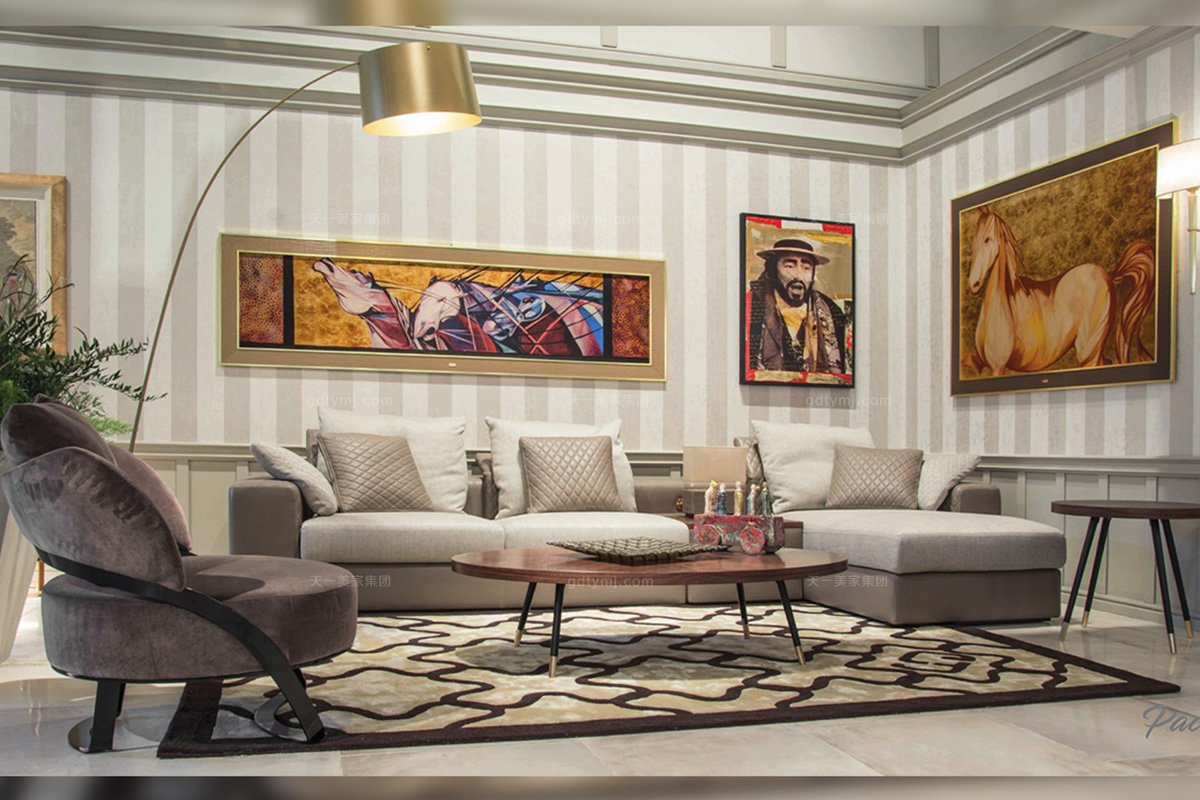 名貴奢華別墅品牌家具客廳輕奢現代米黃色真皮軟包組合沙發