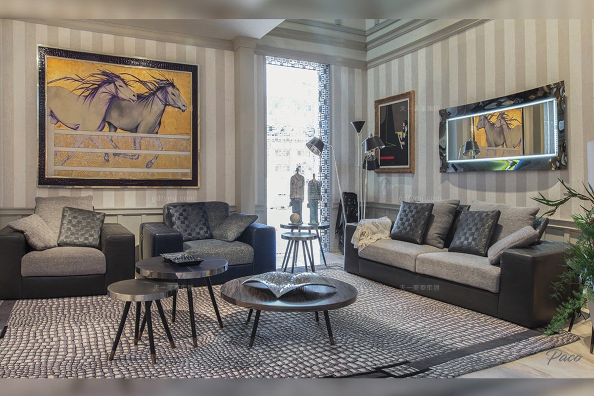 輕奢別墅會所家具品牌客廳辦公黑色真皮二人位沙發組合