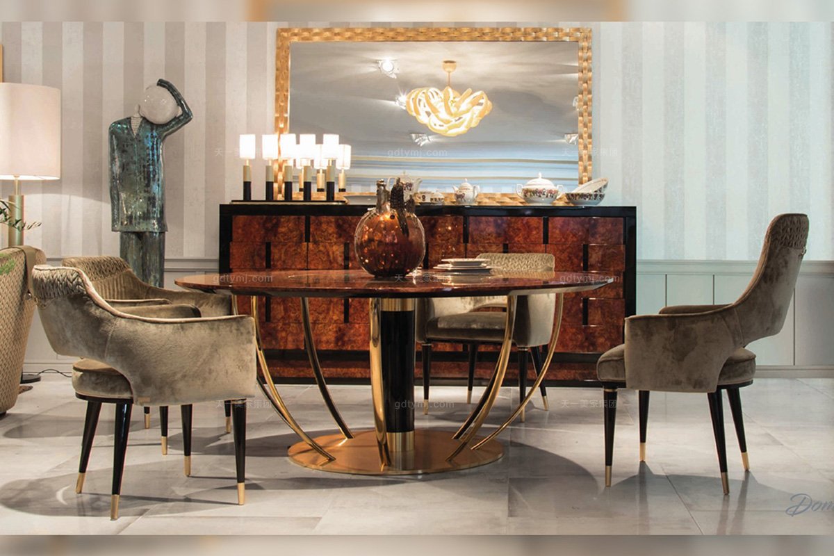 奢華輕奢別墅會所家具品牌餐廳后現代高端不銹鋼五金底座+大理石臺面餐桌椅