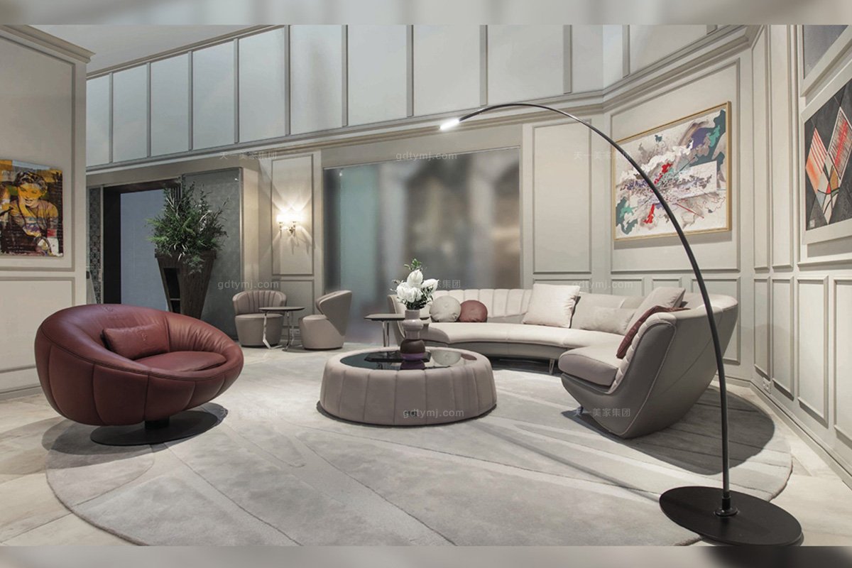 名貴奢華豪宅別墅家具品牌客廳輕奢米色真皮圓弧形沙發