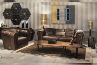 高端別墅豪華家具品牌客廳輕奢現代深咖色真皮車格子單雙人位沙發組合