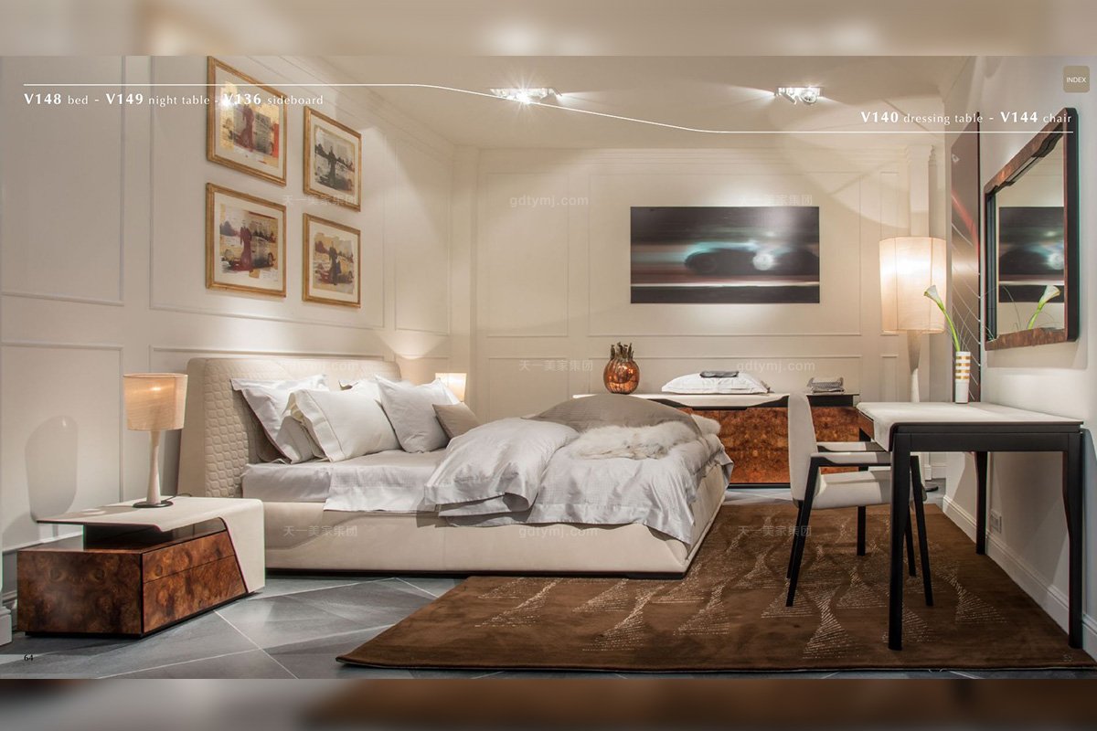 名貴高端輕奢別墅家具品牌臥室現代米白色時尚雙人大床