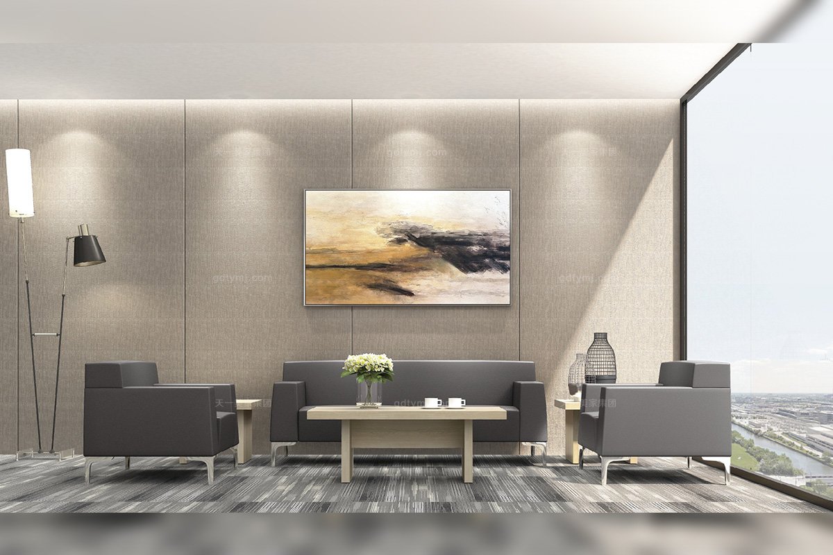 奢華高端辦公家具品牌時尚輕奢辦公室會客黑色真皮沙發組合