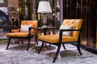 高端奢華會所家具輕奢后現代風愛馬仕橙色真皮休閑椅