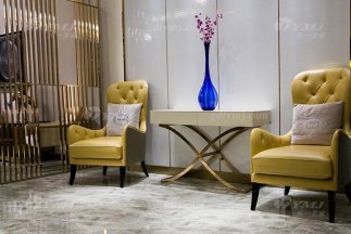 高端會所家具品牌售樓處家具后現(xiàn)代輕奢家具時(shí)尚米黃真皮休閑椅