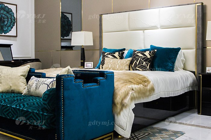 奢華別墅會所家具品牌輕奢現代臥室家具真皮雕花大床組合床