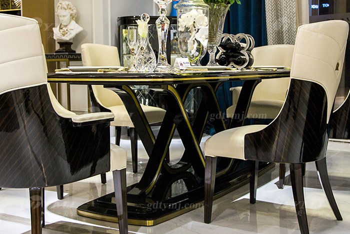 高端奢華會(huì)所別墅品牌輕奢現(xiàn)代餐廳家具黑檀超纖餐桌椅組合餐桌