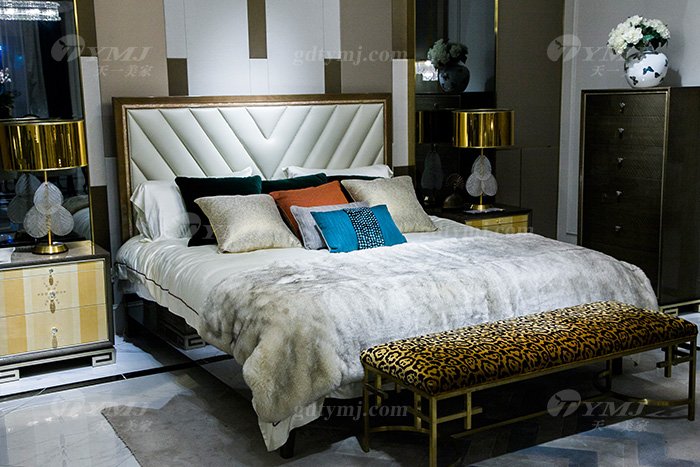 高端奢華別墅家具品牌現代輕奢時尚實木鑲彩貝大床組合
