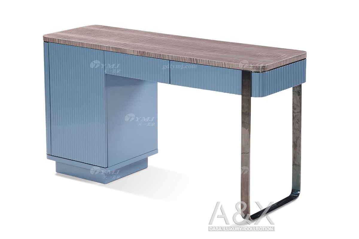 高端別墅家具品牌輕奢后現(xiàn)代海圖藍(lán)色進(jìn)口真皮臥室大床妝臺(tái)組合系列妝臺(tái)