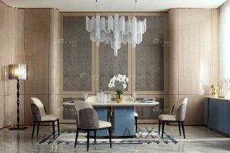 奢華別墅家具品牌輕奢后現代海圖藍色真皮餐廳餐桌餐椅組合系列