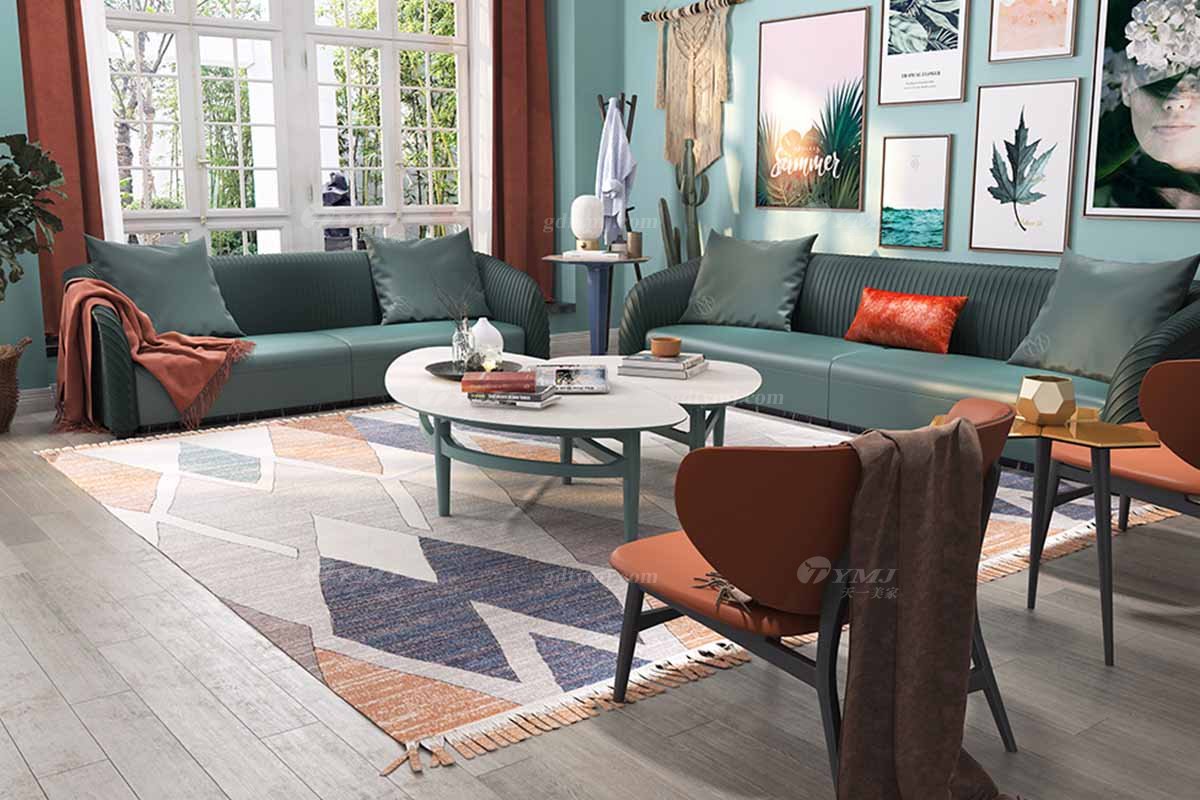 豪華別墅家具奢華會所家具輕奢后現代客廳時尚綠色生態皮沙發組合