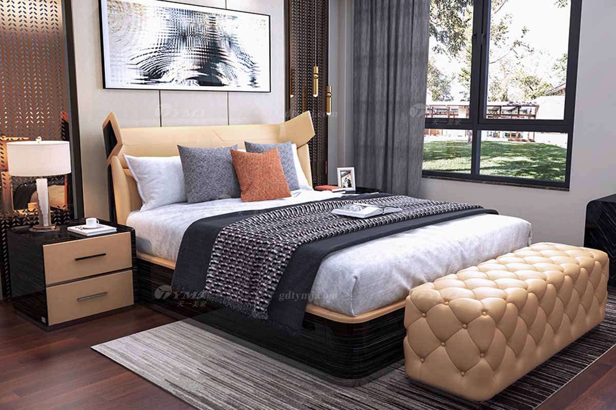 奢華別墅會所家具時尚樣板間家具輕奢后現代臥室真皮雙人大床系列