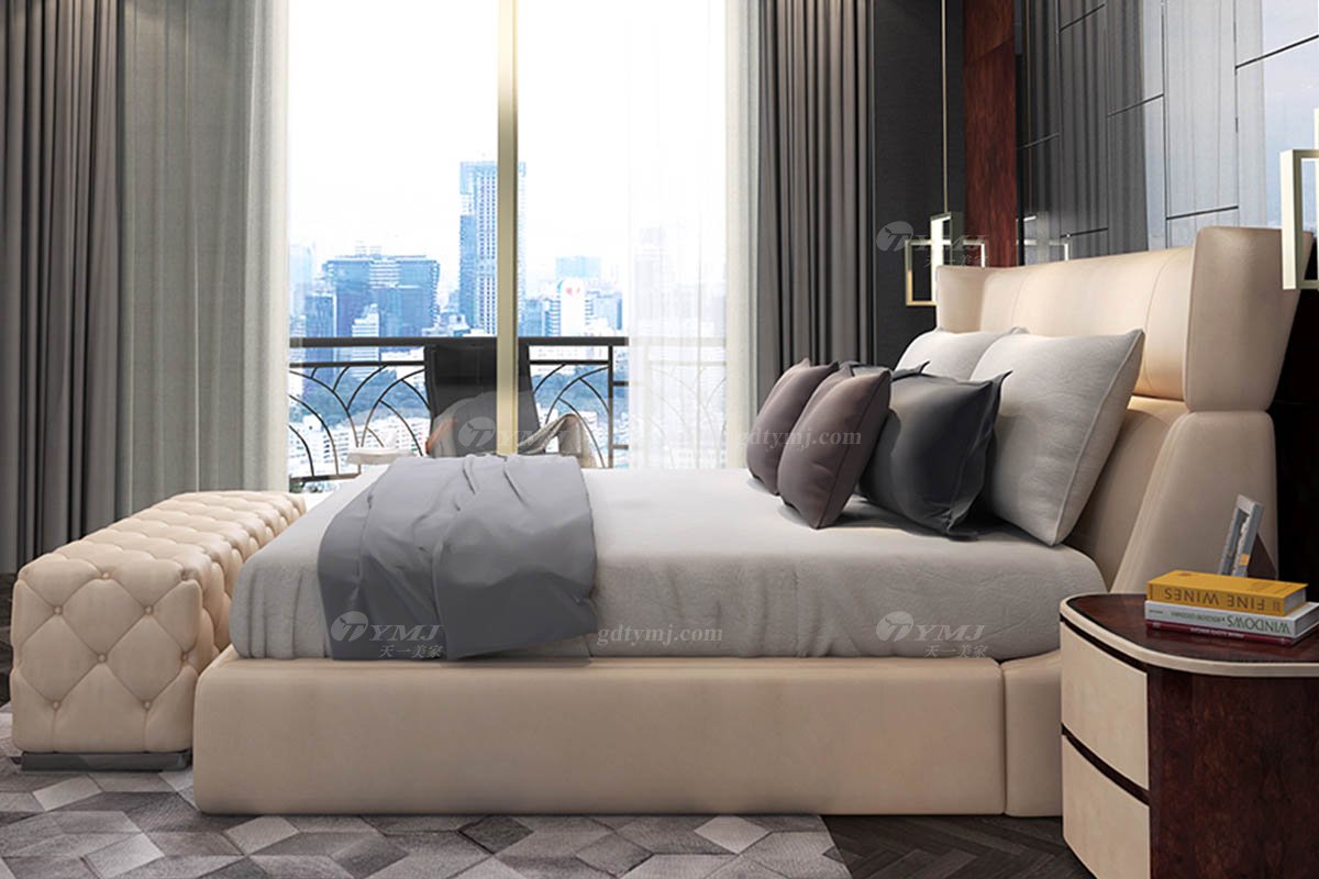 高端別墅會所家具時尚奢華樣板間家具輕奢后現代臥室真皮雙人大床系列床