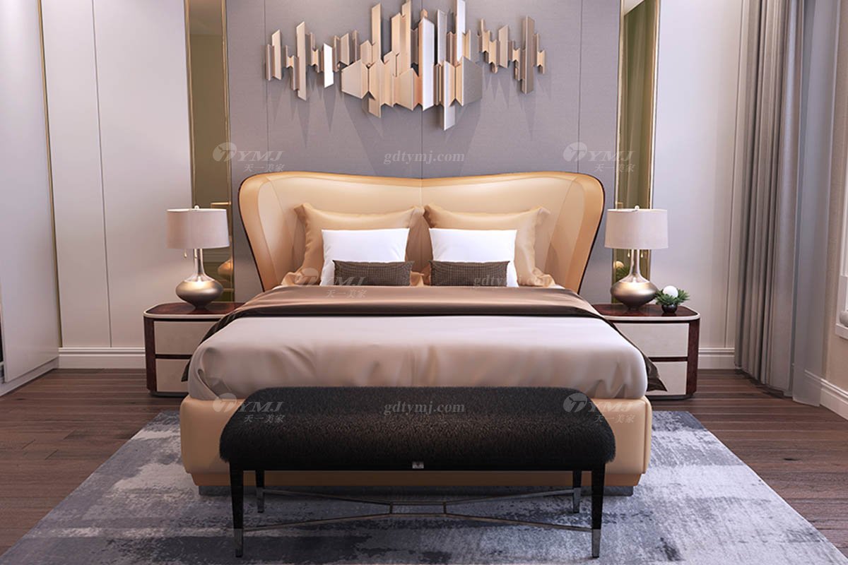 高端別墅家具時尚奢華樣板間家具輕奢后現代臥室真皮雙人大床系列