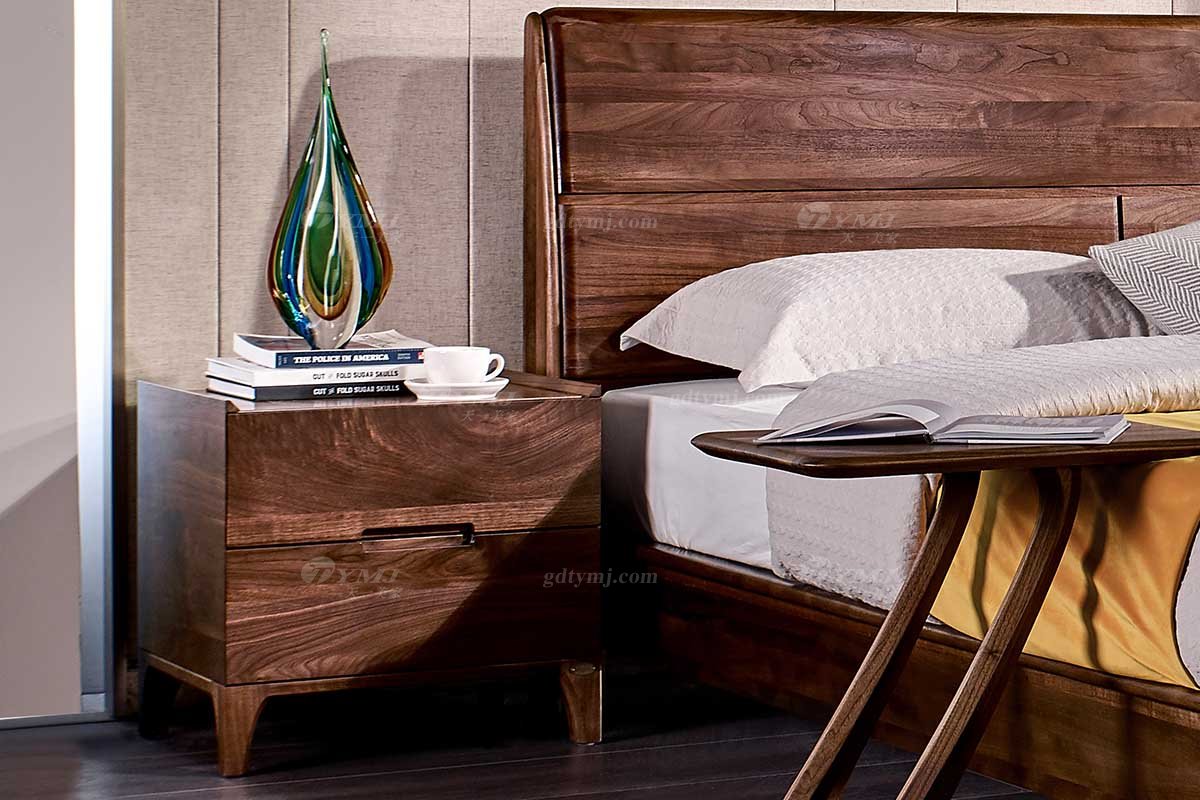高端別墅會所家具品牌樣板房家具輕奢新中式風(fēng)格臥室黑胡桃實木雙人床系列床頭柜