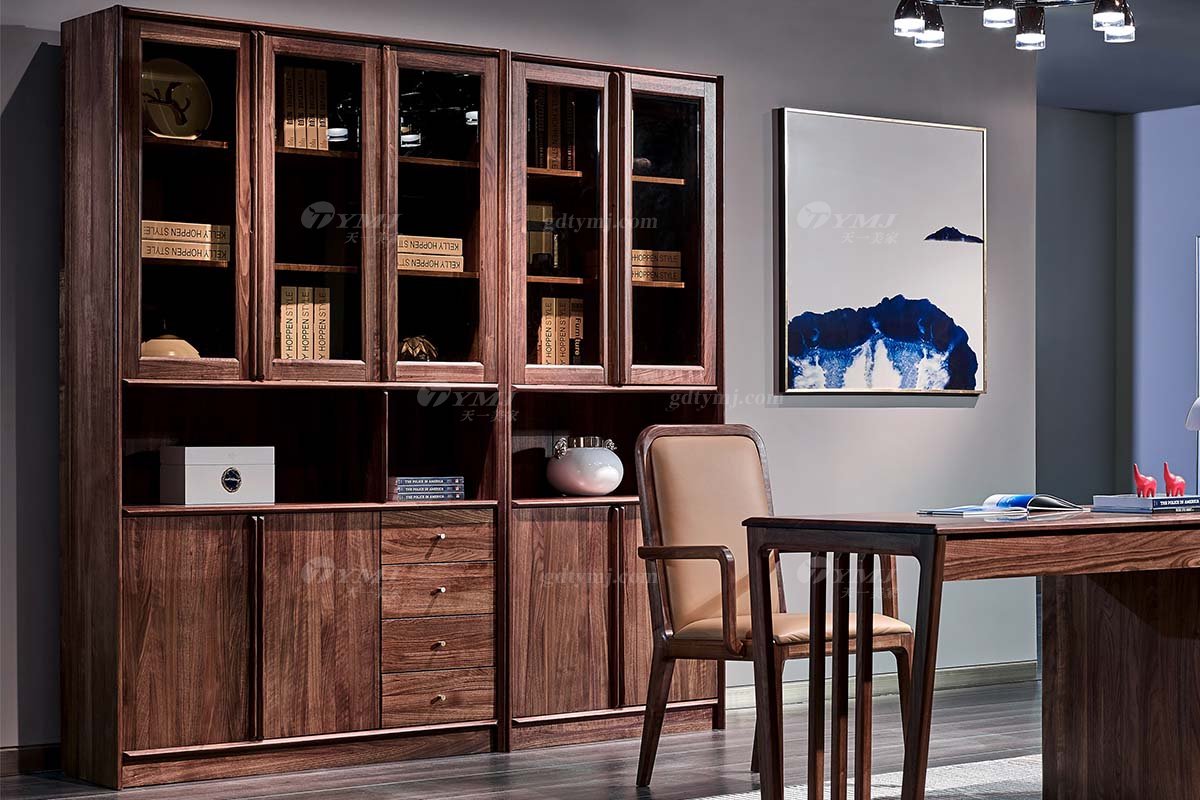 高端別墅會所家具品牌樣板間家具輕奢新中式風格書房黑胡桃實木書柜書桌系列兩門三門書柜