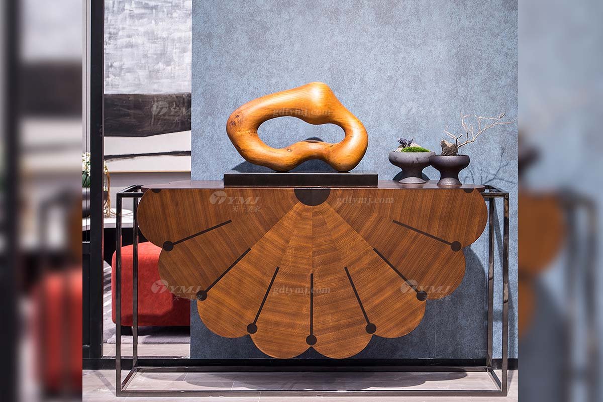 高端別墅會所家具品牌現代極簡輕奢北歐家具創意胡桃色玄關系列