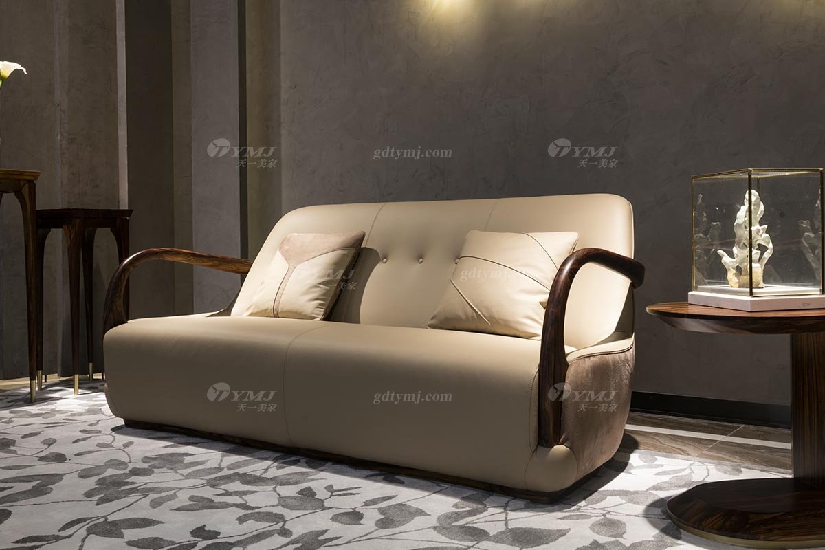 高端豪宅會所家具品牌輕奢新中式風客廳家具高彈高密度海綿真皮沙發系列三位沙發