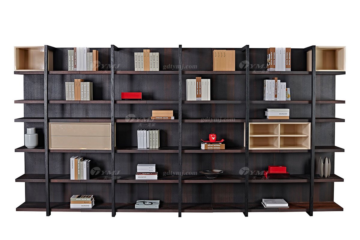 高端大氣意式極簡別墅會所家具品牌北美進口紅橡實木煙熏色超大書柜