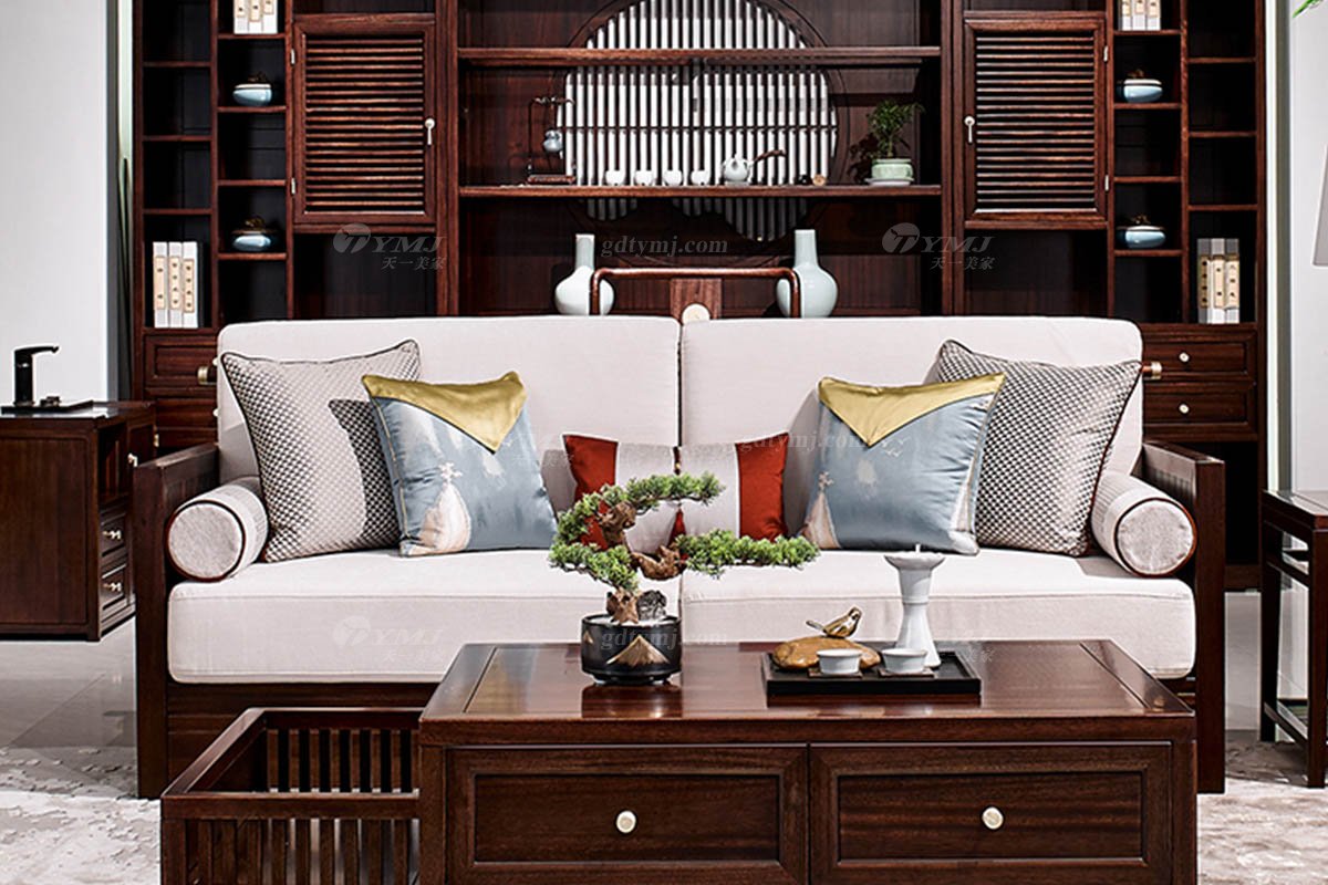 高檔別墅會所家具品牌輕奢新中式時尚客廳家具實木沙發組合三位沙發