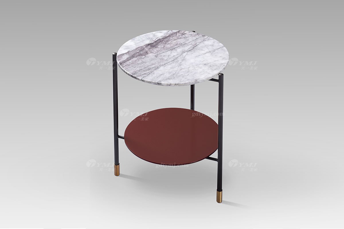高檔別墅會所現代輕奢家具高級大理石面+勃艮地紅層板小圓幾小圓幾LT2807-3側面