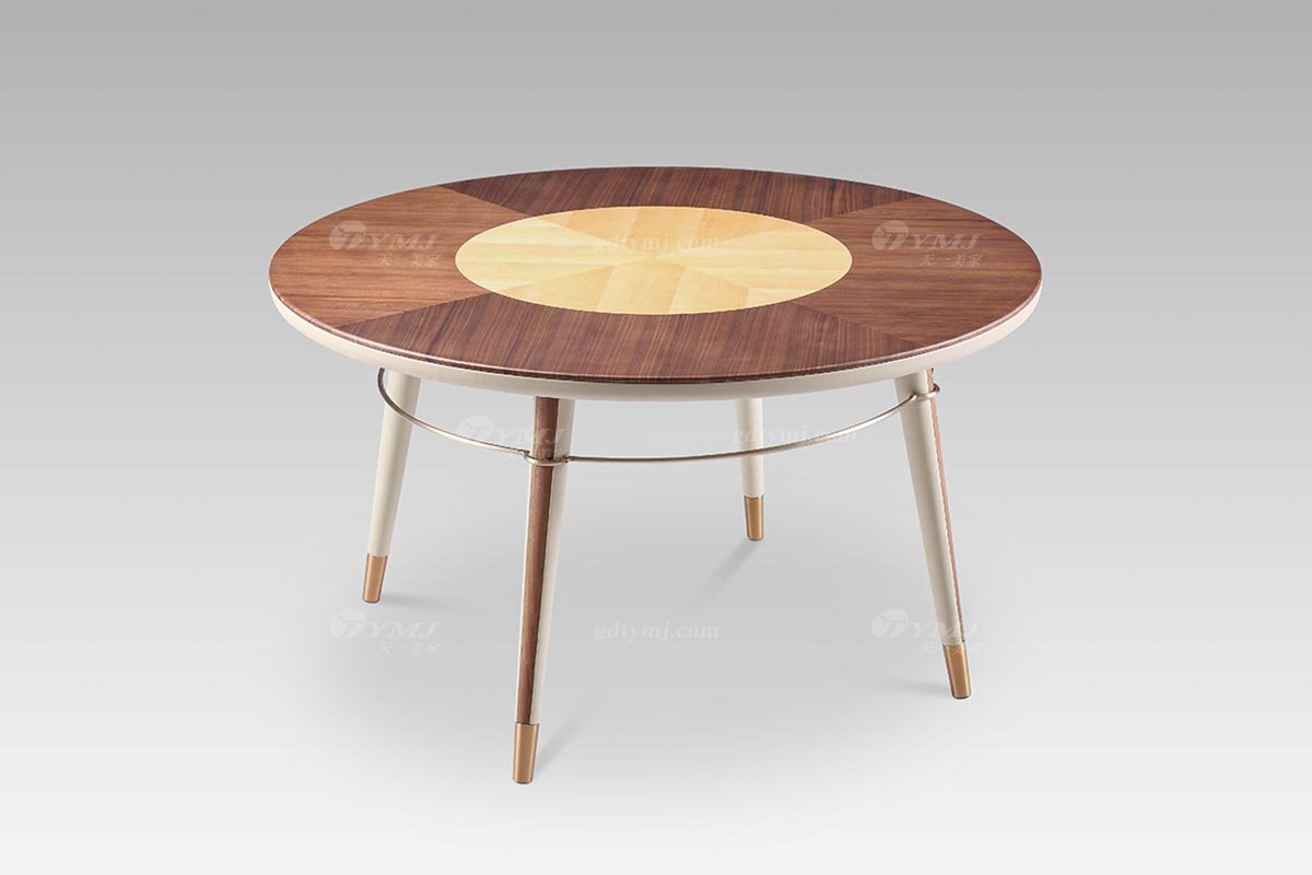 現代輕奢別墅會所家具時尚胡桃色+尼斯色真皮圓餐桌餐桌DT2802-16側