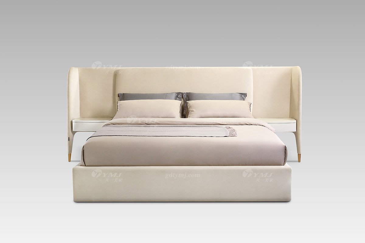 現代輕奢時尚高端家具米色真皮大床