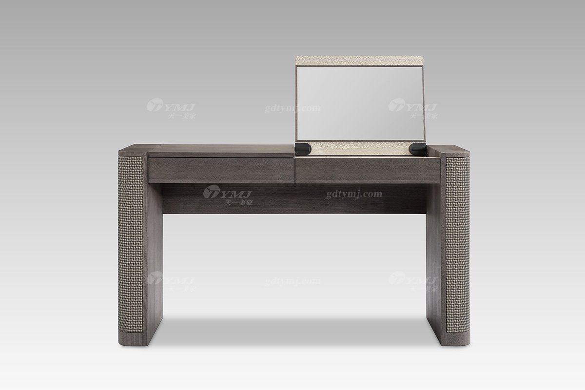 高端別墅家具現代輕奢灰橡色+千鳥格皮妝臺