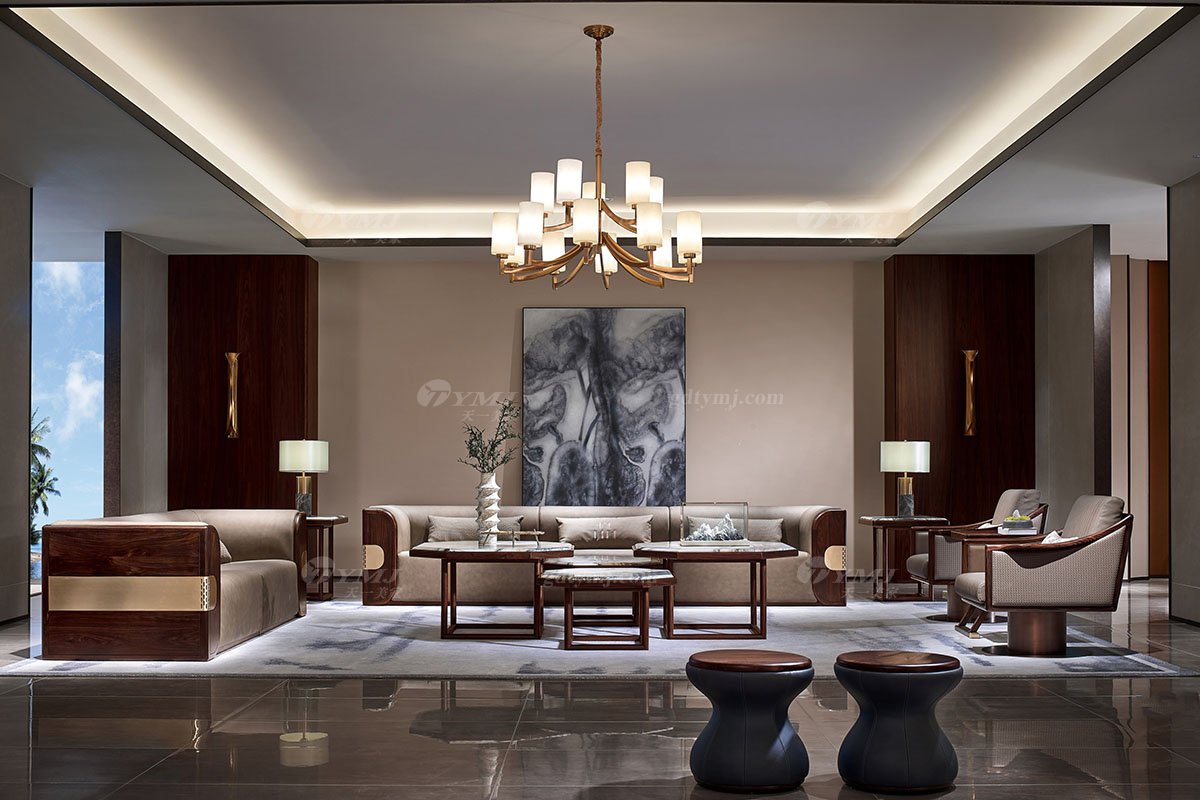 高端大氣新中式輕奢高端品牌家具黑酸枝木意大利藍色真皮坐墩坐墩H-PWSFD組合場景