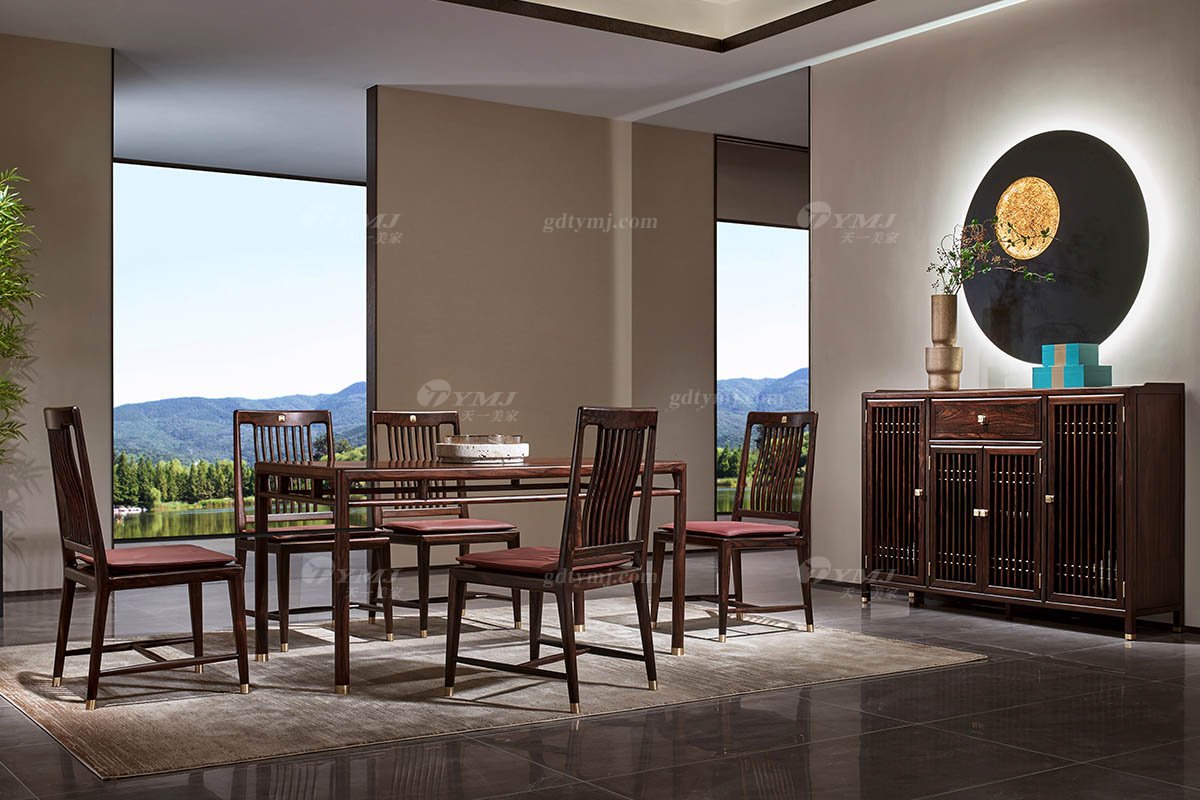 簡(jiǎn)約新中式高端會(huì)所別墅家用家具輕奢全紅木黑酸枝實(shí)木餐桌餐臺(tái)H-PWCCY場(chǎng)景