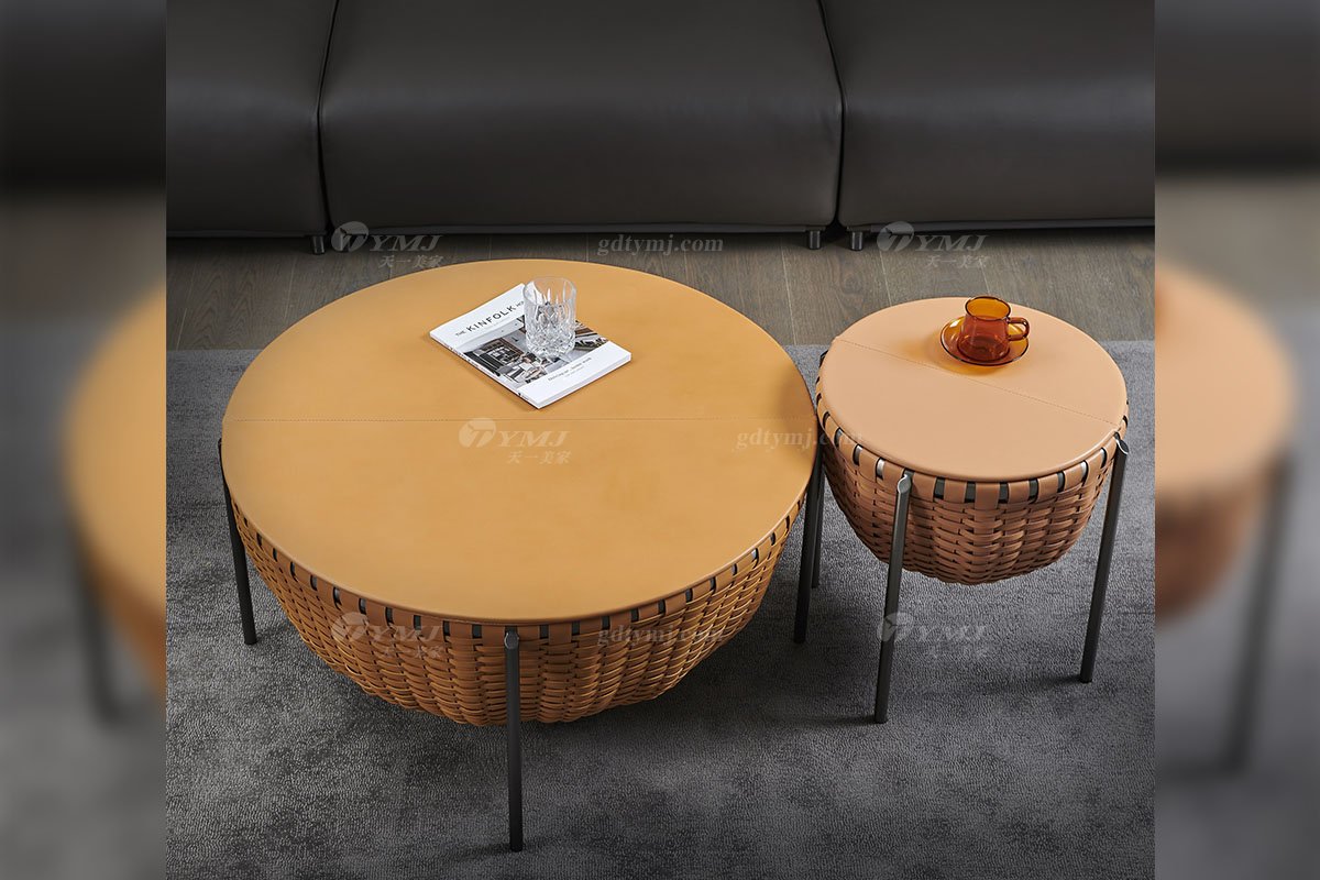 現代時尚輕奢家具品牌別墅家具高檔創意厚馬鞍皮藝小圓幾CT-01B-1小圓幾場景